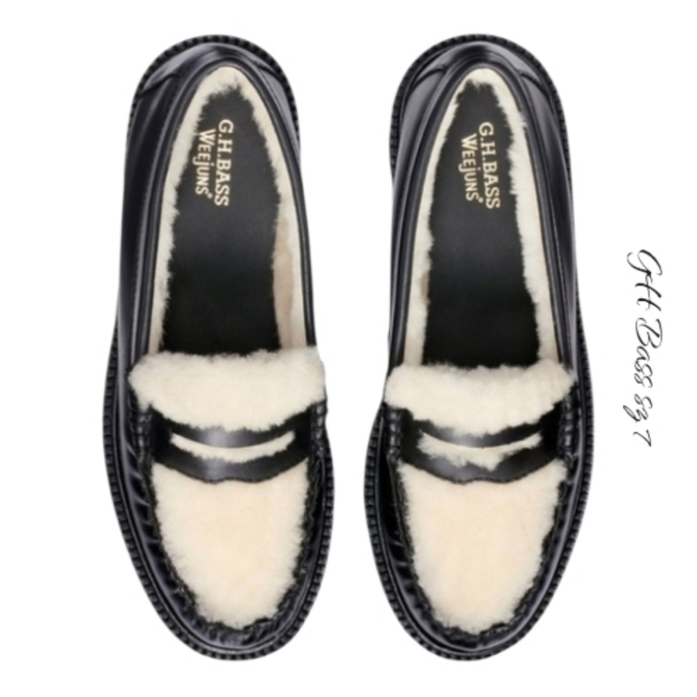 G.H. Bass & Co. Black Leather Loafers with Cream Shearling Trim